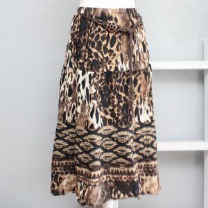 Laura Scott Y2K Brown White Leopard Cheetah Print Tiered Midi Belt Skirt Medium